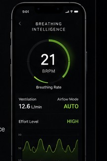 Second Wind app showing breathing rate, ventilation and effort