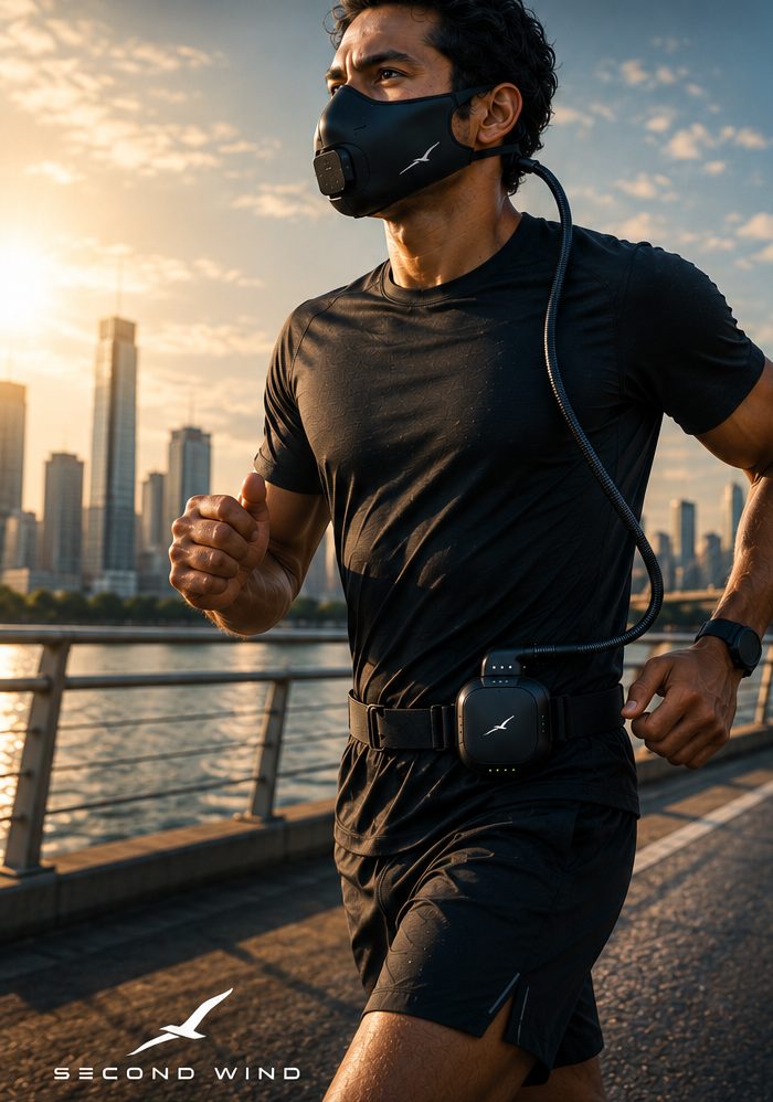 Runner wearing the Second Wind sports mask, hose and waist air pod on a city waterfront at sunrise