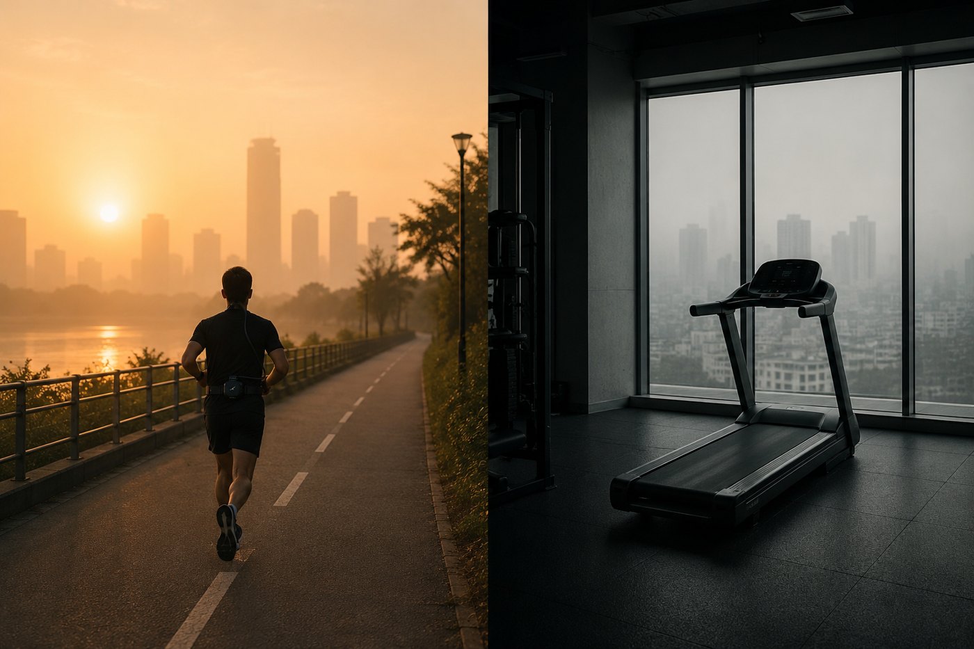 A runner outdoors at sunrise beside a treadmill facing a hazy city skyline