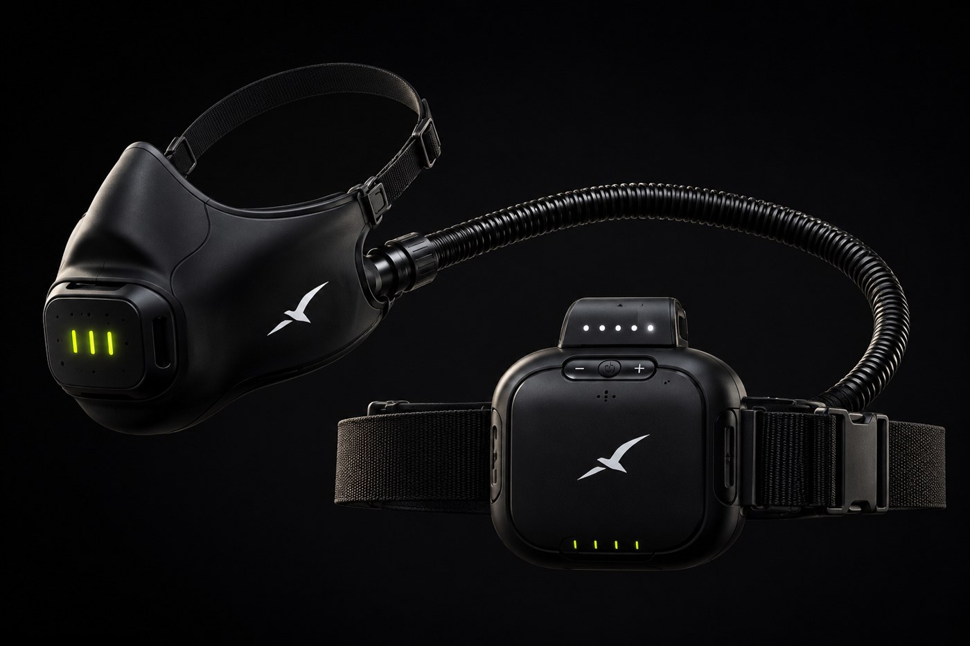 The Second Wind system - Sports Mask connected by Air Hose to the Waist Air Pod